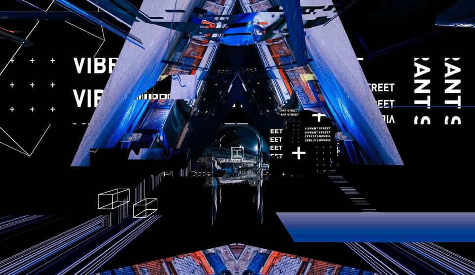 Still from the Adidas Running Lab experience showing an abstract visualization of a cityscape.