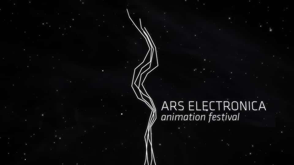 Still from the Ars Electronica Animation Festival Trailer showing a white abstract lines transforming into various shapes and forms, set against a dark universe background.
