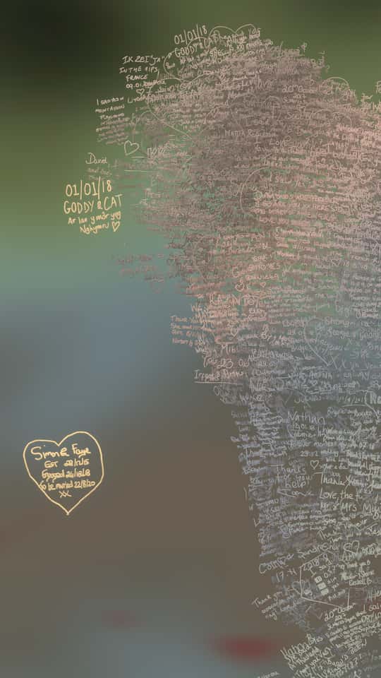 Still of the VASHI Love Wall installation showing a colorful cloud of animated particles forming hand-drawn shapes and messages.